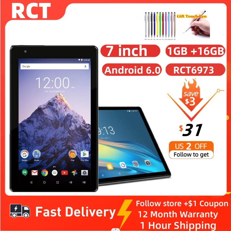 

New Arrival RCT6973 Tablet 7 INCH Android 6.0 System 1GB+16GB 1024 x 600 pixels RK30sdk CPU Quad-Core Dual Camera