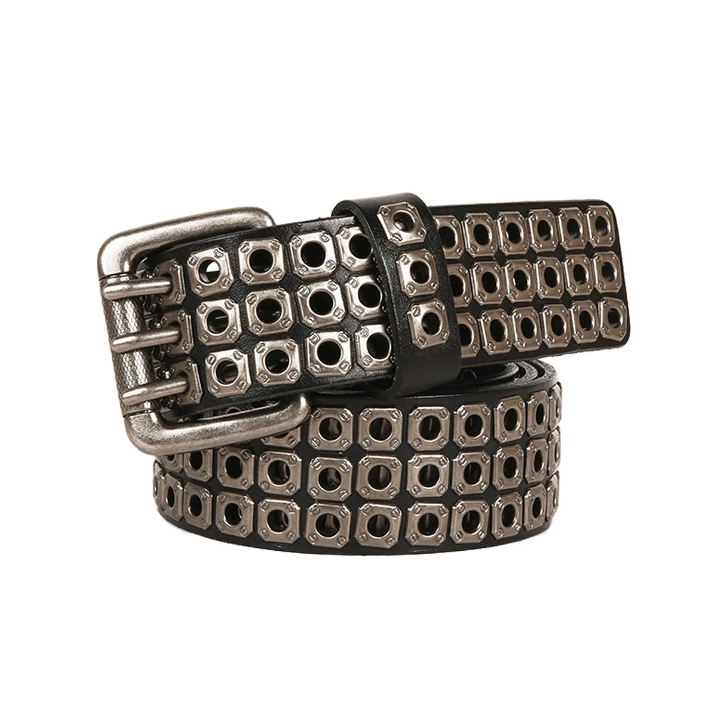 

3 Row Studded Belts 105cm-125cm Length Adjustable Belt Women Men Punk Male Strap Cowhide Leather Fashion Waist Band