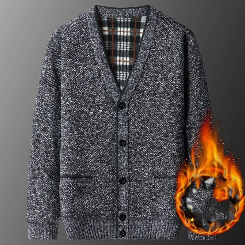 2023 Autumn and Winter Men's V-neck Button Pockets Screw Thread Patchwork Loose Solid Cardigan Fashion Casual Long Sleeve Tops