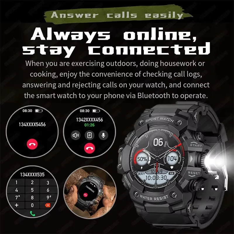 2026 Rugged Sports Smart Watch Bluetooth Calls Colorful Waterproof Military Smartwatches with Flashlight SOS COMPASS for Phone 3
