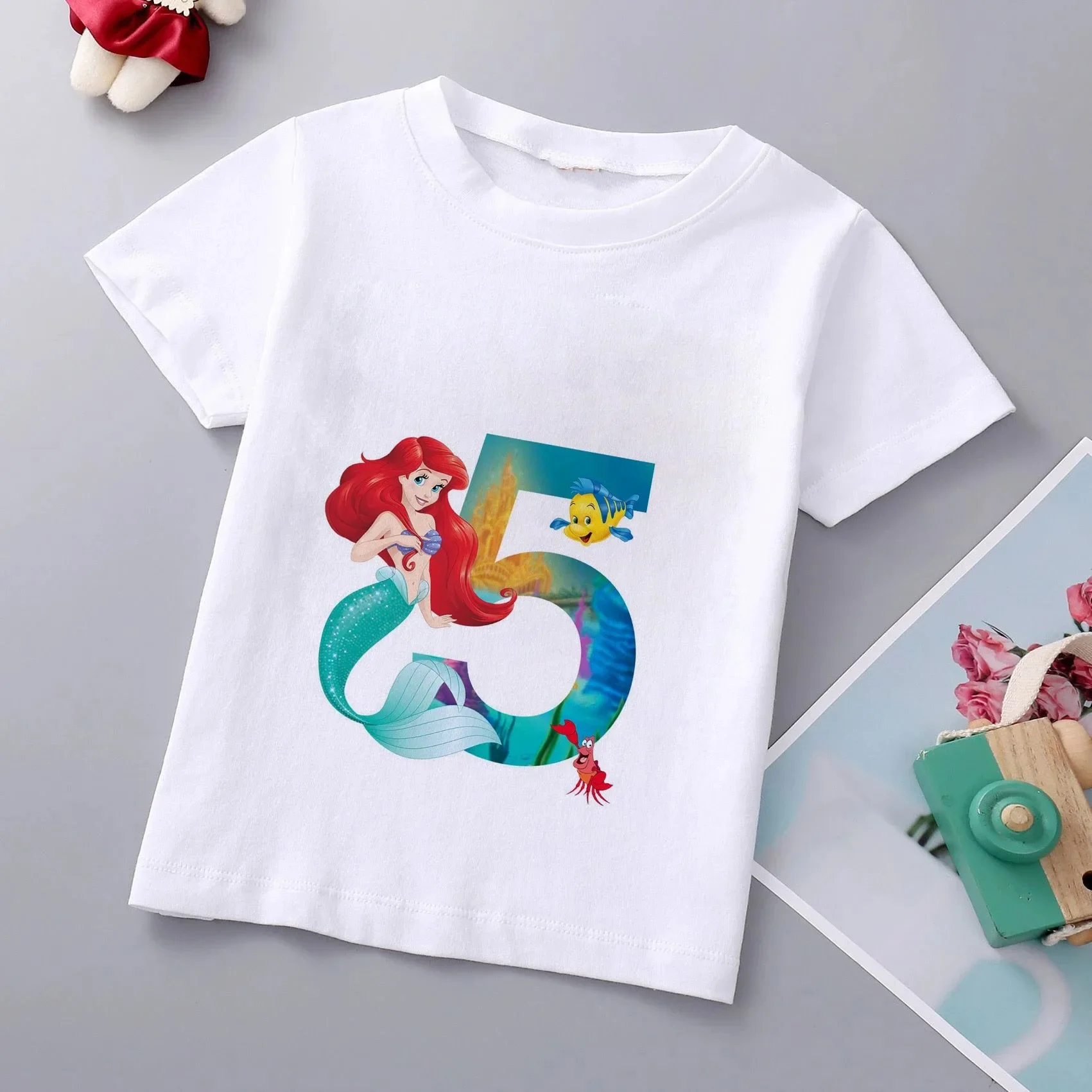 thumbnail image 1 of Camiseta de algodón con estampado de princesa sirena de Disney para niñas, ropa para bebés de princesa Ariel, top de dibujos animados para niños de 1 a 9 años, cumpleaños para niños, 1 of 5