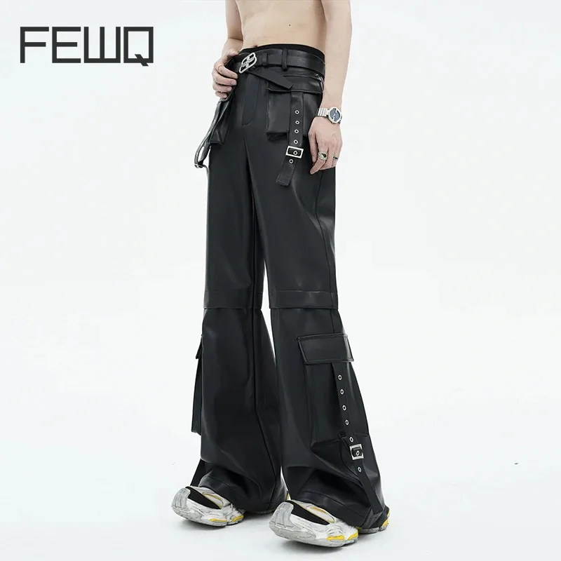 

FEWQ American Style Workwear Large Pockets PU Leather Pants Autumn Winter Punk Fashion High Street 2023 Male Trousers 24X4218