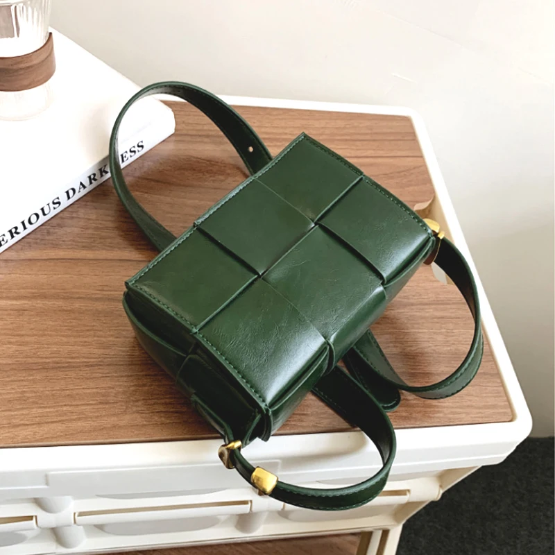 

Women Shoulder Bag 2022 PU Leather Purse And Handbags Female Shopper Fashion Casual Solid Color Vintage Weave Lattice Square Bag