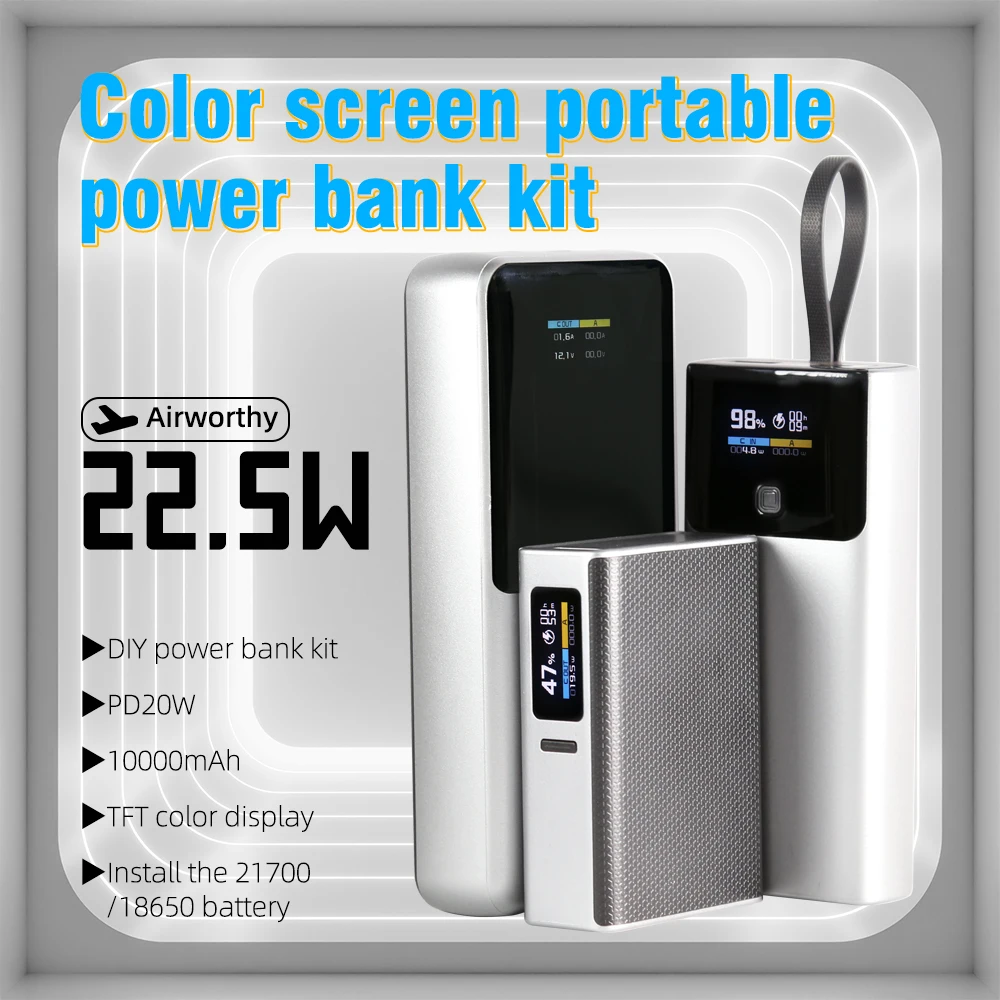 PD20W DIY Powerbank Kit TFT Color Screen No Battery 10000mah 21700/18650 Install Welding With Line 22.5W Fast Charging Case power bank,power bank case,battery power bank box