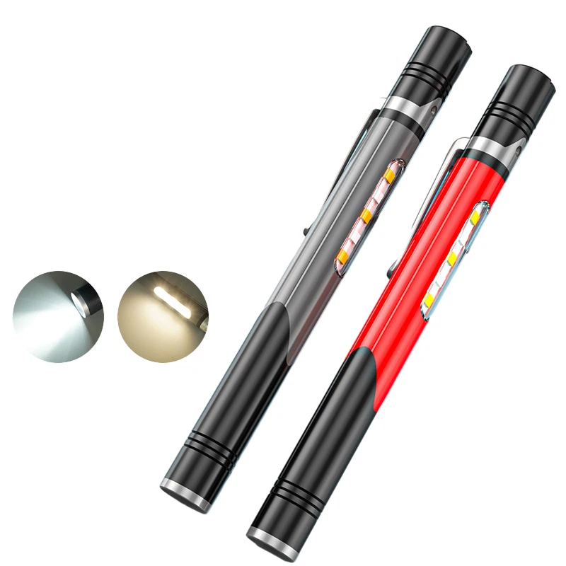 

Portable LED Flashlight Pen Holder Design COB Built In Battery USB C Rechargeable Dual Light MINI Pen Clip Light For Camping