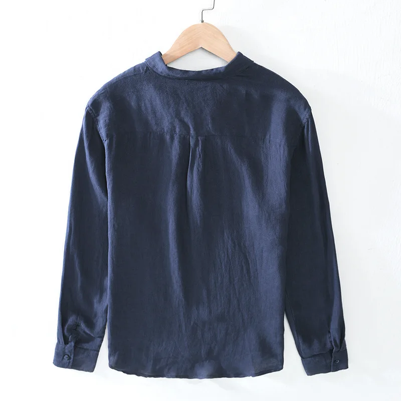 قميص كتان فضفاض بياقة مربعة وأكمام طويلة 100%، بلو...