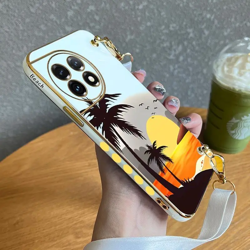 

Beach Night View Lanyard Plating Phone Case For Oneplus 11R 10R 10T 11 10 Pro 9 9R 9RT 8T 8 8 Pro Cover