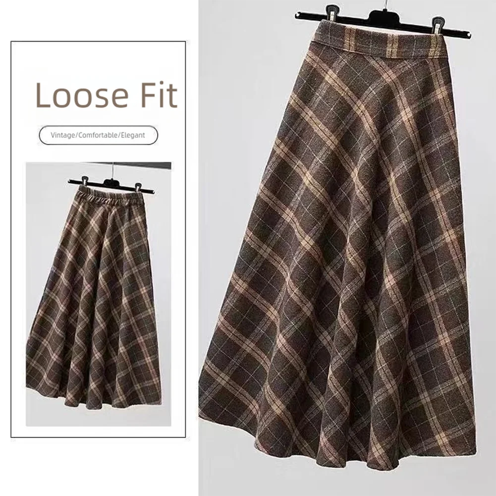 Frauen M-4xl Herbst Plaid Rock A-linie Große Schaukel Rock Hohe taille Mode Vintage Braun Farbe Lange Röcke – Detail 2