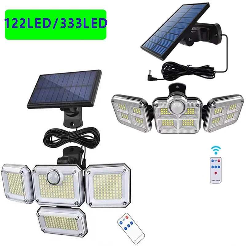 1 팩 실외 모션 센서 램프, 4 헤드 태양광 조명, 122 LED 태양광 조명, 투광 조명, 3000 루멘, 270 °   조명 범위