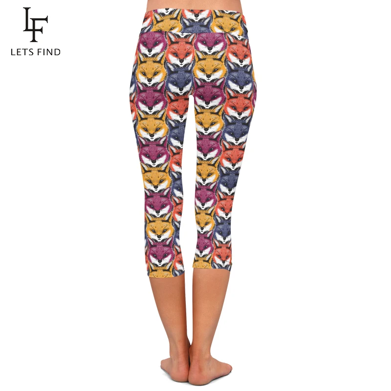 LETSFIND Summer High Waist Women Capri Leggings Colorful Fox Print Soft Fitness Stretch Mid-Calf 3/4 Pants