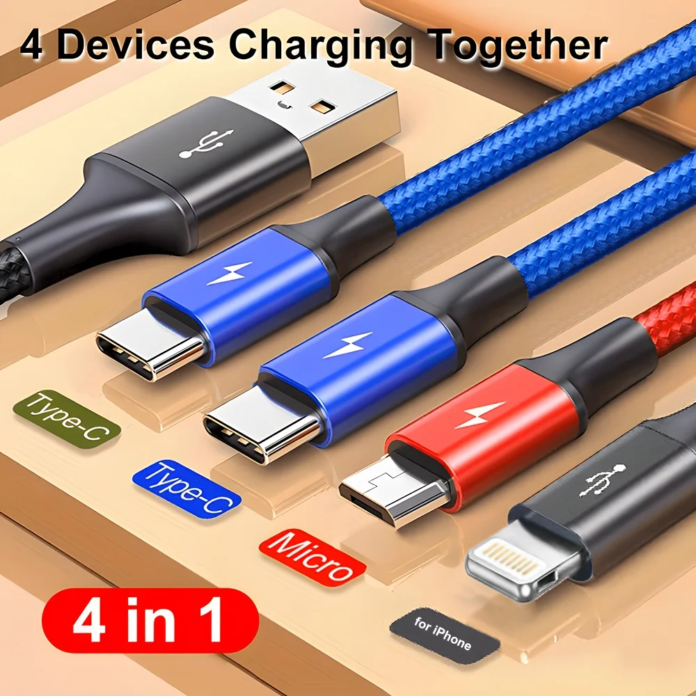 4 in 1 멀티 충전 케이블 고속 충전 브레이디드 USB 코드 아이폰 15 14 13 프로 맥스 안드로이드 화웨이 삼성용 타입 C 마이크로
