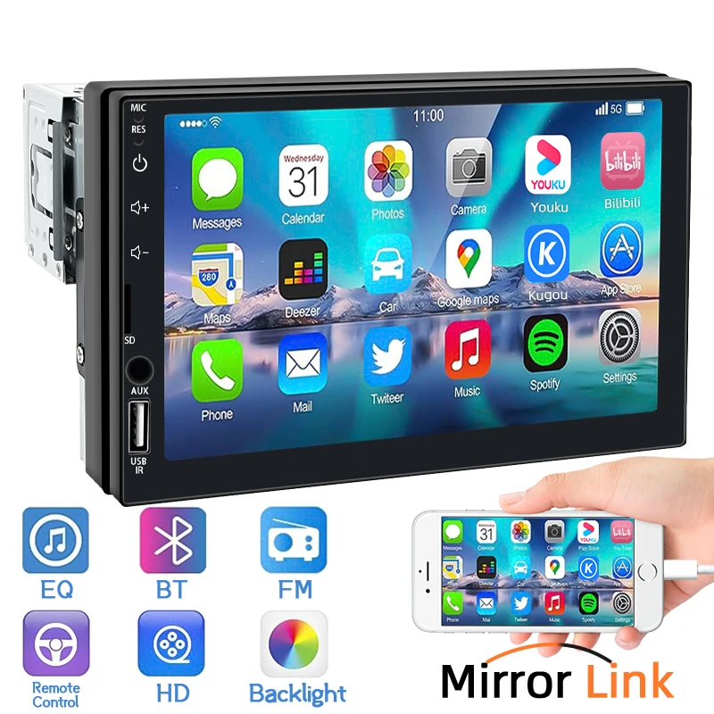 7 Inch 1 Din Car Radio MP5 Multimedia Player Touch Screen FM ISO Power Aux Input Bluetooth USB Mirror Link Universal Autoradio