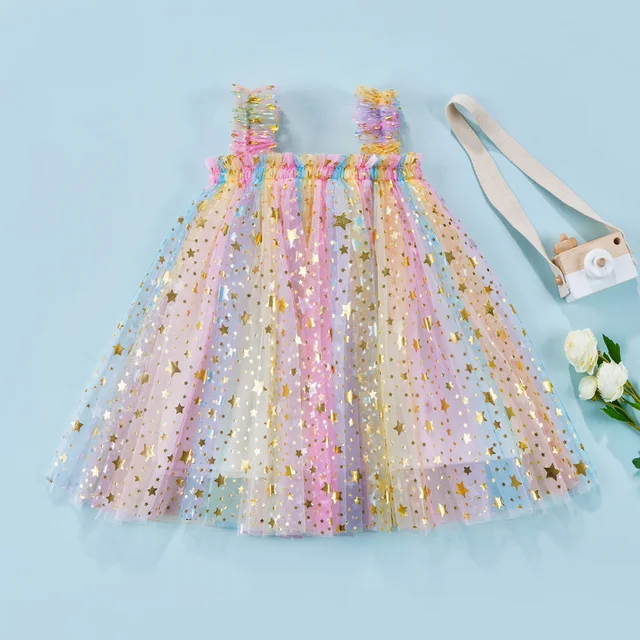 pudcoco 2022 baby girl dress Dress For Girls Sequin Strap Sleeveless Decorative Stars Mesh Princess Dress for Your Little Girl 4