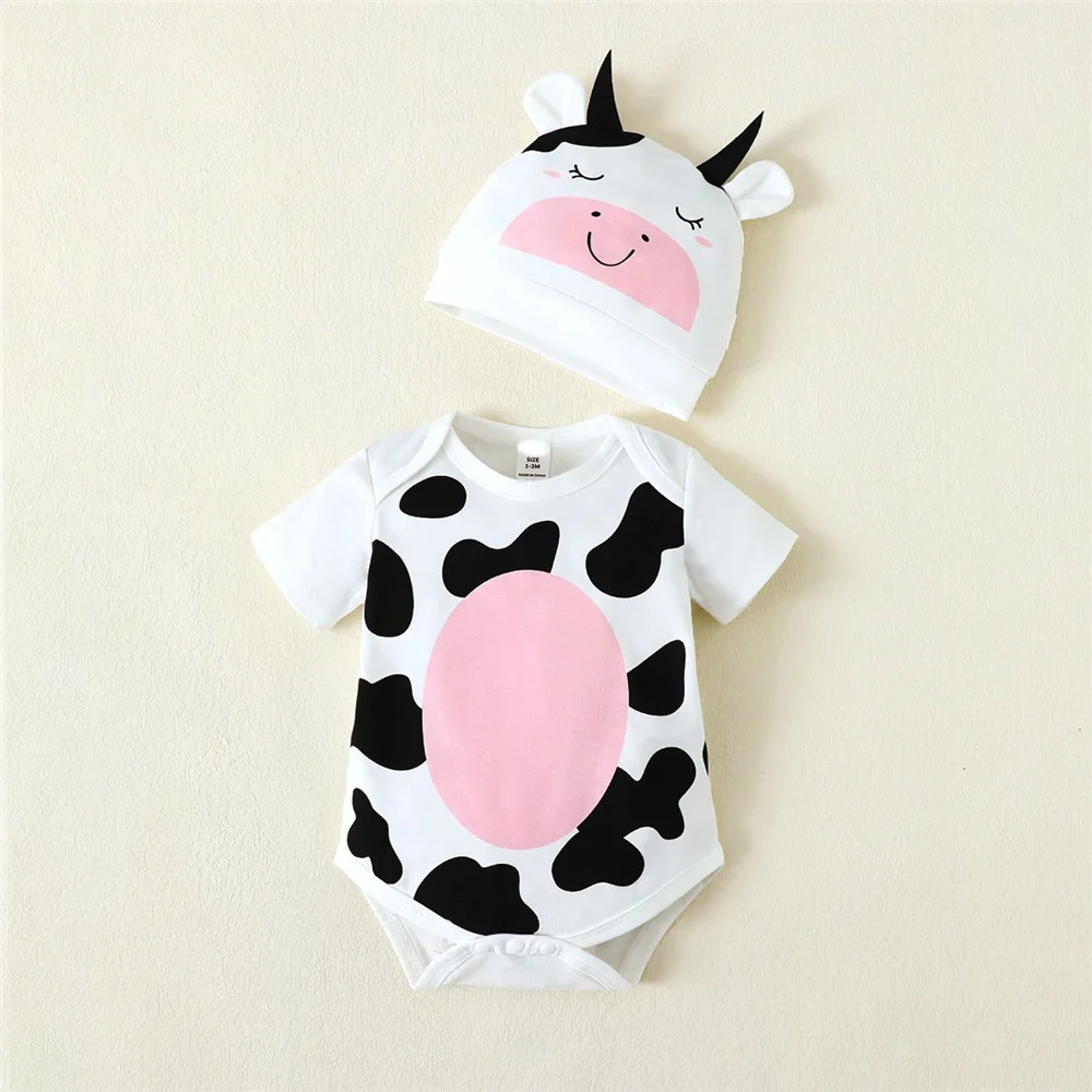 Summer jumpsuit Newborn Baby Boy Girl Cosplay Jumpsuit Cow Short Sleeved Bodysuit+Calf Hat Summer Lovely Romper 0-9 Months