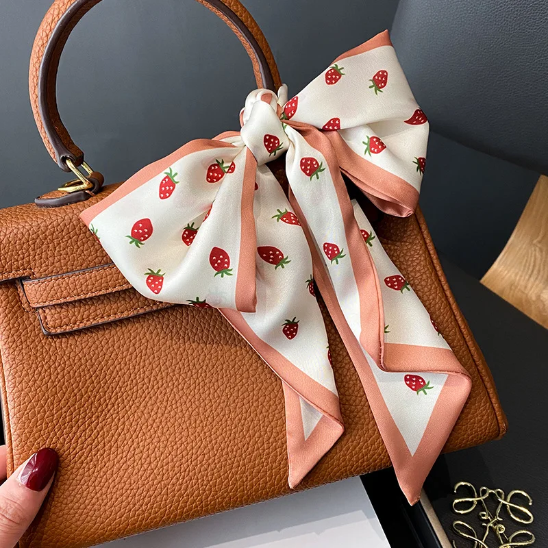 Skinny Ribbon Silk Scarf Women Lovely Fruits Print Foulard Hairband Headband Female Soft Satin Handle Bag Neck Ties Neckerchief 2