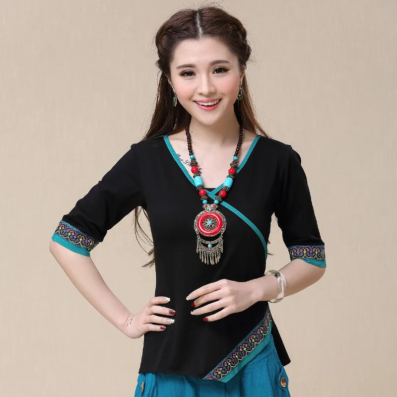 Cheongsam Womens Plus Size Short Tops Summer Fashion Cotton Blend Embroidery Cheongsam Slim fit Chinese Qipao Shirts Woman