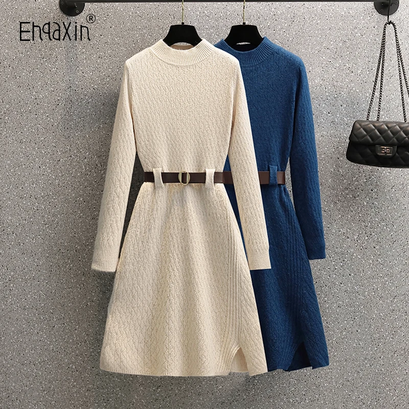 

EHQAXIN Women's Knitted Dresses 2022 Winter New Fashion Elegant Long Sleeve Lace A-Line Sweater Dresses For Ladies L-4XL