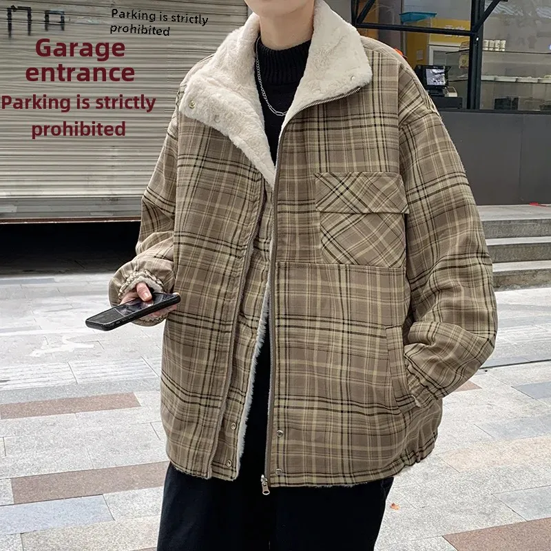 남성용 양면 모직 재킷, 가을 겨울 트렌디 체크 무늬 멋진 힙합, 홍콩 스타일 학생 코튼 패딩 코트, 가디건