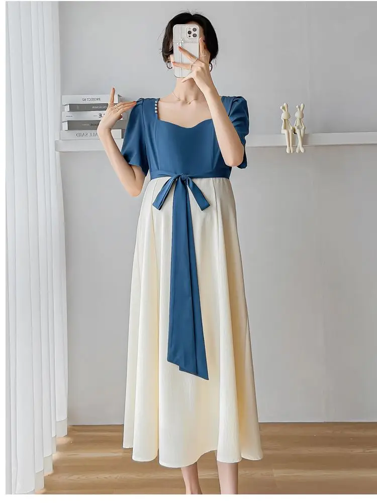 2024 Chinese Style Vintage Pregnant Woman Chiffon Dress+Belt Short Sleeve Square Collar Maternity Chiffon Block Color Dresses