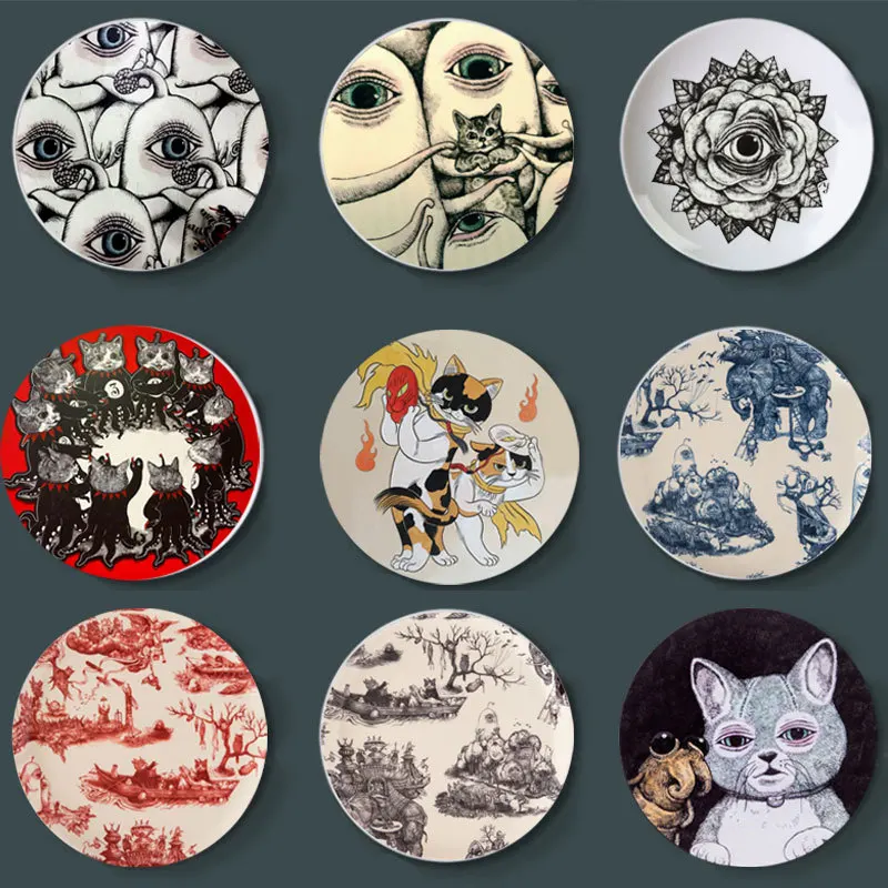 Higuchi Yuko Decorative Plate Japanese Design Lovely Cat Dish for Home Decoration Dim Sum Tray for Party Ceramic Round Art Tray