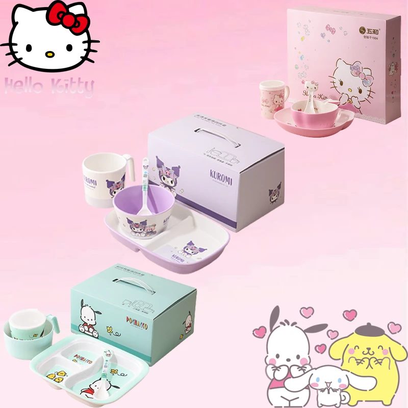 

Набор столовых приборов Hello Kitty, набор столовых приборов Sanrio, аниме, тарелка с защитой от падения, чашка, набор ложек, портативная детская посуда, милая подарочная коробка