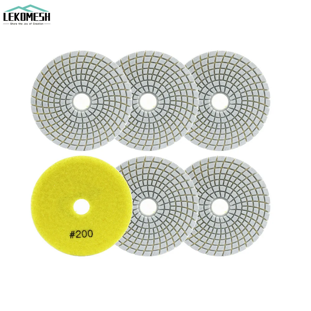 6pcs 100mm/4 Grit200# Diamond Flexible Wet Polishing Pad Stone White Bond Spiral Sanding Disc Granite Marble Polishing Disc shdiatool 6pcs 4 diamond wet flexible polishing pads 50 100mm white resin bond sanding disc for granite stone marble