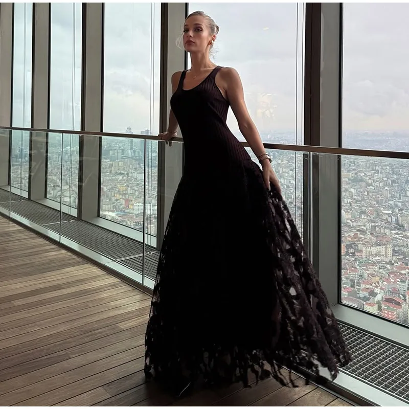 Elegant Knitted Sequin Long Dresses Women Vintage Glitter Solid O-neck Sleeveless Maxi Evening Dress Female Chic Street Party