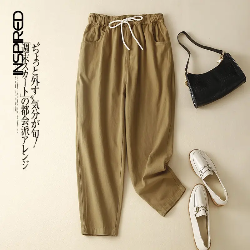 

Retro Pure Cotton Harem Pants Women 2023 Summer Simple Solid Color Elastic Waist Overalls Women Casual Commuting Loose Trousers