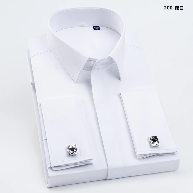 thumbnail image 1 of Camisa de hombre con gemelos franceses, mangas largas, corte entallado, botones ocultos, color liso, vestido de boda formal de alta gama para hombre, 1 of 5