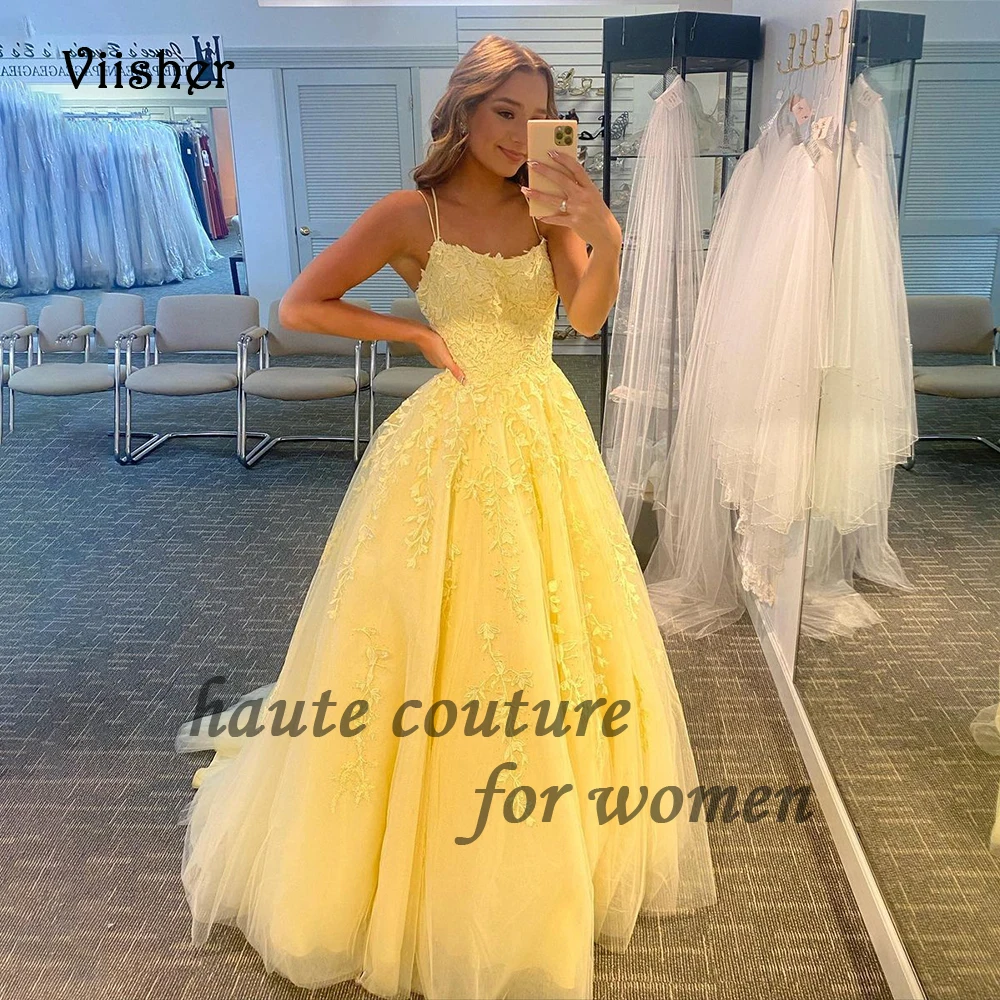 

Желтое Тюлевое платье А-силуэта, вечерние платья на тонких бретельках, без бретелек, кружевное платье со шлейфом для выпускного вечера