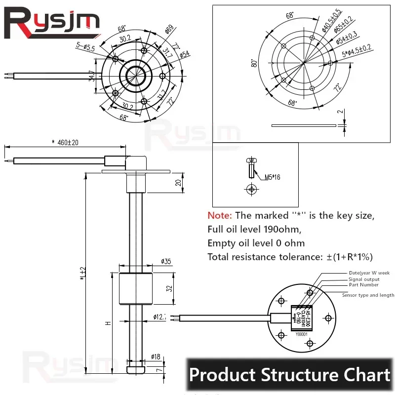 52mm 0~190 ohm Fuel Level Gauge with Stainless Steel Fuel Float Level Sensor Oil