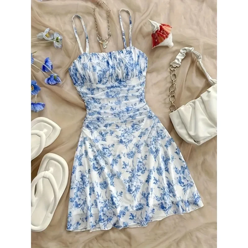 Spring Summer Cute Dating Ditsy Floral Dresses 2025 New Sleeveless Square Neck Mini Cami Casual Dresses For Women