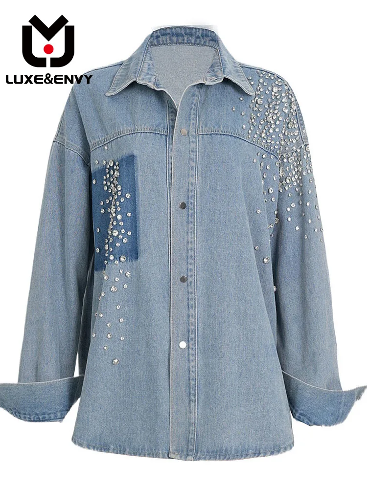 

Роскошная & ENVY новая джинсовая рубашка с бриллиантами, свободная Осенняя рубашка, 2023