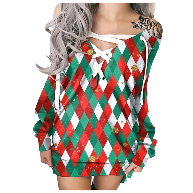 Spring Autumn Christmas Print Vintage Casual Mid-length Hoodie Long-sleeve V-neck Top Woman Oversize Tying Wide Loose Hoodies