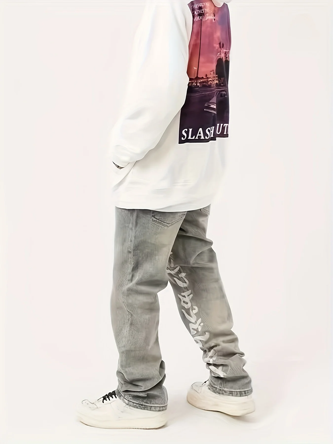 New Korean Fashion Men's Casual Long Jeans Graffiti Jeans Classic Man Straight Denim Wide-leg Pants Solid Color Light