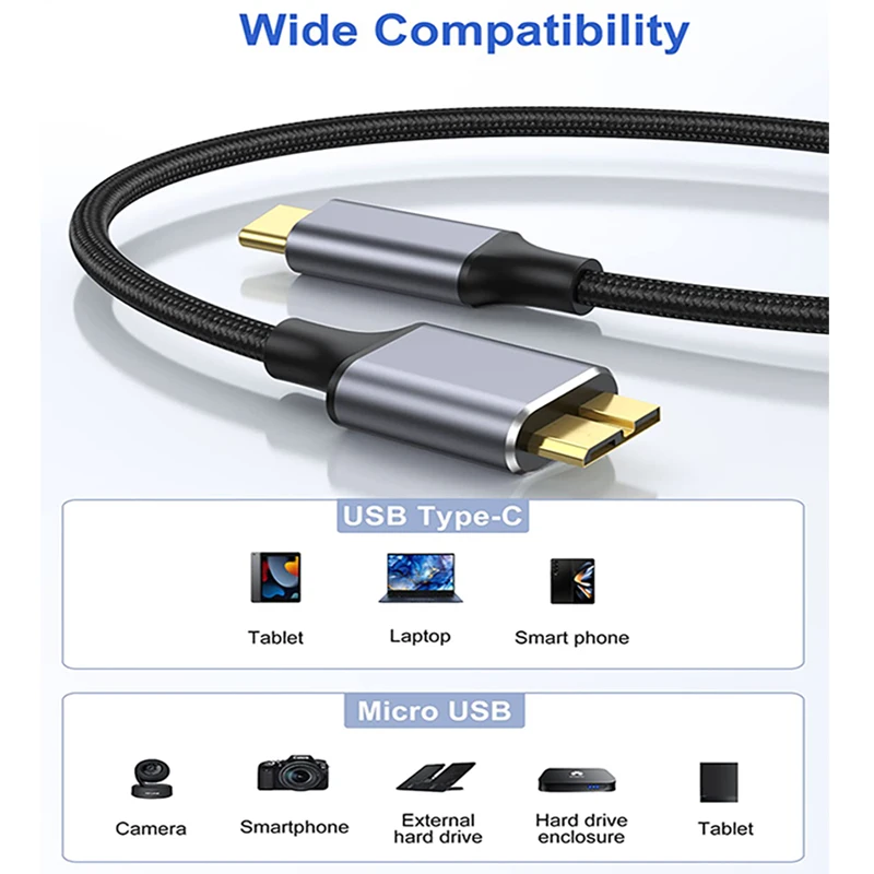 USB C - 마이크로 B 케이블 타입 C - USB 3.0 5Gbps 데이터 커넥터 어댑터 (휴대폰, PC, 맥북, 하드 드라이브, 디스크, 카메라, HDD, SSD 연결용)