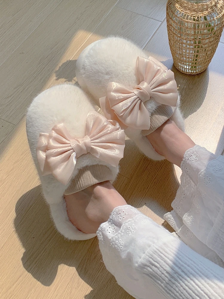 Bowknot Cotton Home Slippers For Women's Winter 2023 Korean Plush Indoor Plush Slipper Warm Indoor Household Shoes