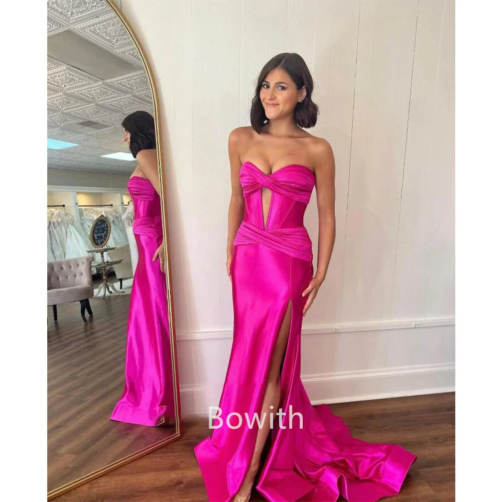 

Bowith Mermaid Evening Party Dresses Satin Strapless High Slit Long Dress for Birthday Party Prom Gowns vestidos de noche