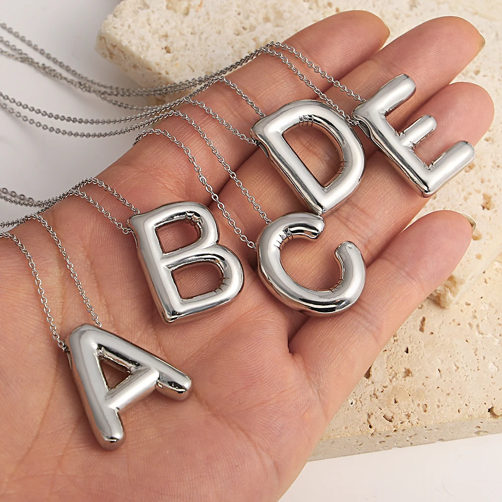 Chunky Alphabet Balloon Letter Pendant Necklace A-Z Name Silver Color Bubble Necklace for Family Women Men Fashion Jewelry Gifts