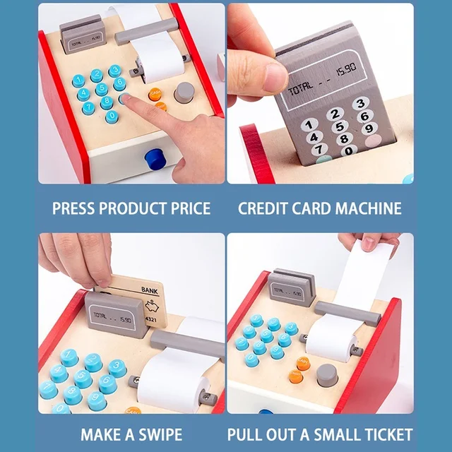 Wooden Simulation Montessori Cash Register Children's Play House Toys Pretend Role Play Cash Register Educational Toys Gifts 5