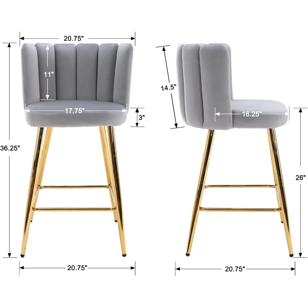 Gold Bar Stools Set of 2 Velvet Counter Height Chairs Back Upholstered Kitchen Stools Modern Barstools
