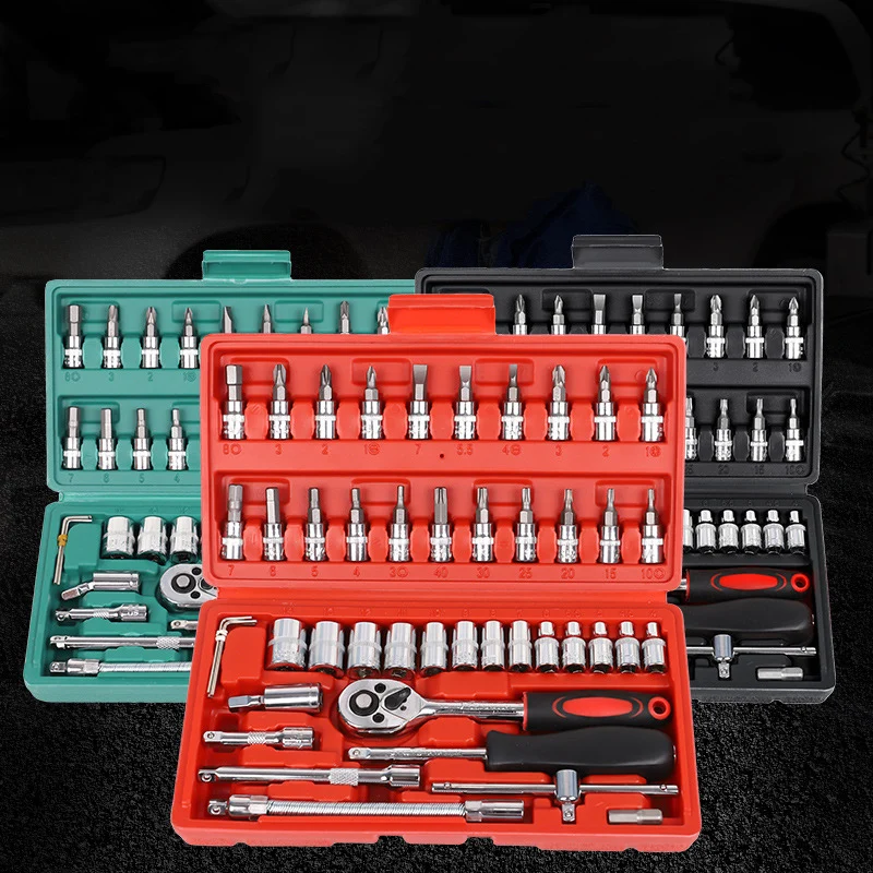 46Pcs socket wrench quick ratchet screwdriver combination tool suitable for automobile maintenance machine maintenance tool set 46pcs car repair tool kit 1 4 inch drive socket ratchet torque wrench set screwdriver bit quick spanner hand tools combination