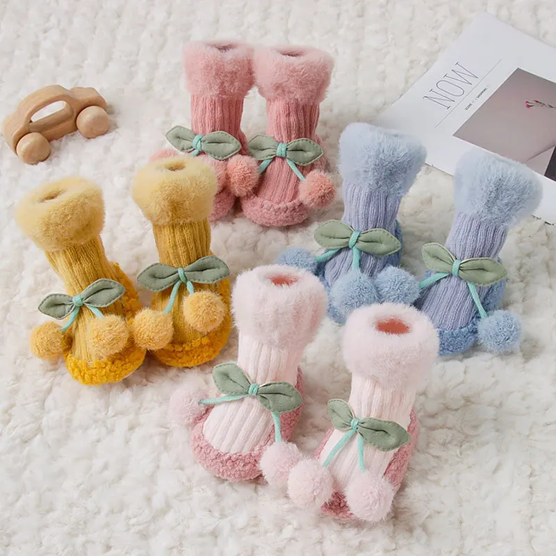 

Baby First Walkers Sock Shoes Autumn Winter Mink Fleece Pompom Thicken Warm Socks Kids Toddler Soft Sole Terry Floor Socks