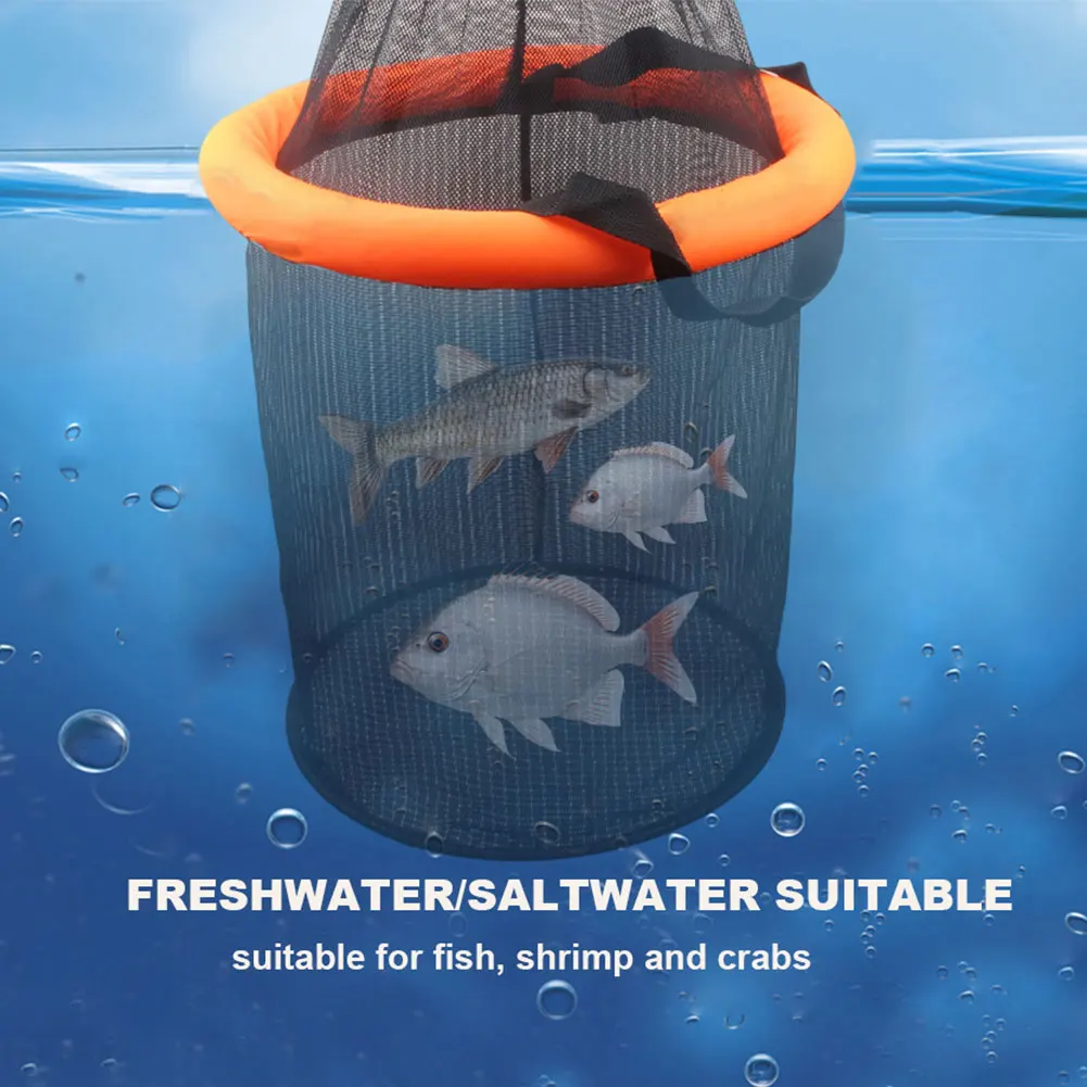 Floating Fishing Bait Basket Mesh Live Fish Net Cage Foldable Fishing Holder Bucket for Caught Fish