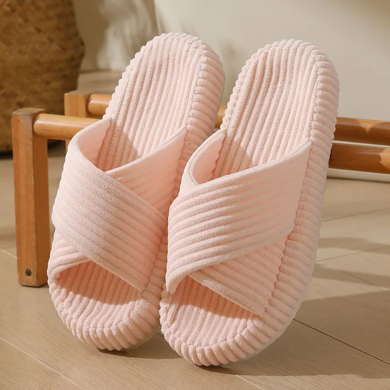 Einfarbig Gestreifte Cord Hausschuhe für Frauen Mode Cross Strap Innen Rutschen Frau Dicke Sohle Unisex Schlafzimmer Hausschuhe – Detail 16