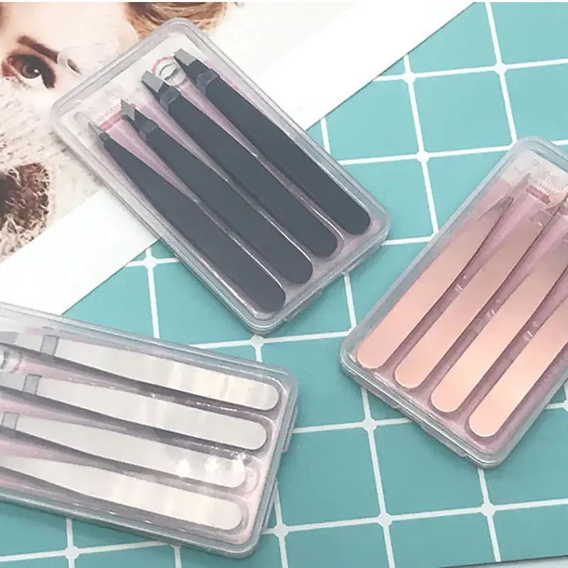 4pcs Professional Slanted Stainless Steel Eyebrow Tweezers Point Slant Flat Tip Hair Removal Eyebrow Pinch Forceps Makeup Tool