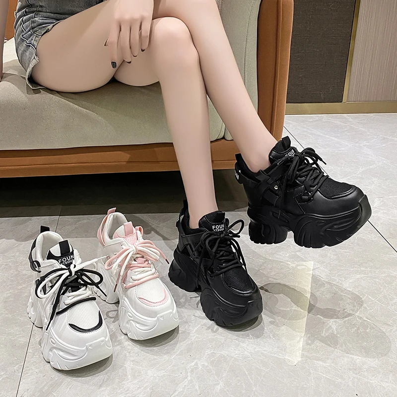 10.5CM Women Platform Sneakers Lace-up Autumn Sports Dad Shoes High Top Chunky Casual Shoes Woman Thick Bottom Mesh White Shoes