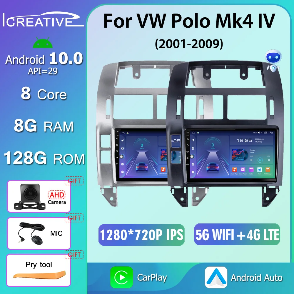 

Icreative Car Radio For Volkswagen Polo Mk4 IV 2001-2009 Android 10 Multimedia 1280*720 QLED Navigation GPS Auto Stereo 2Din DVD