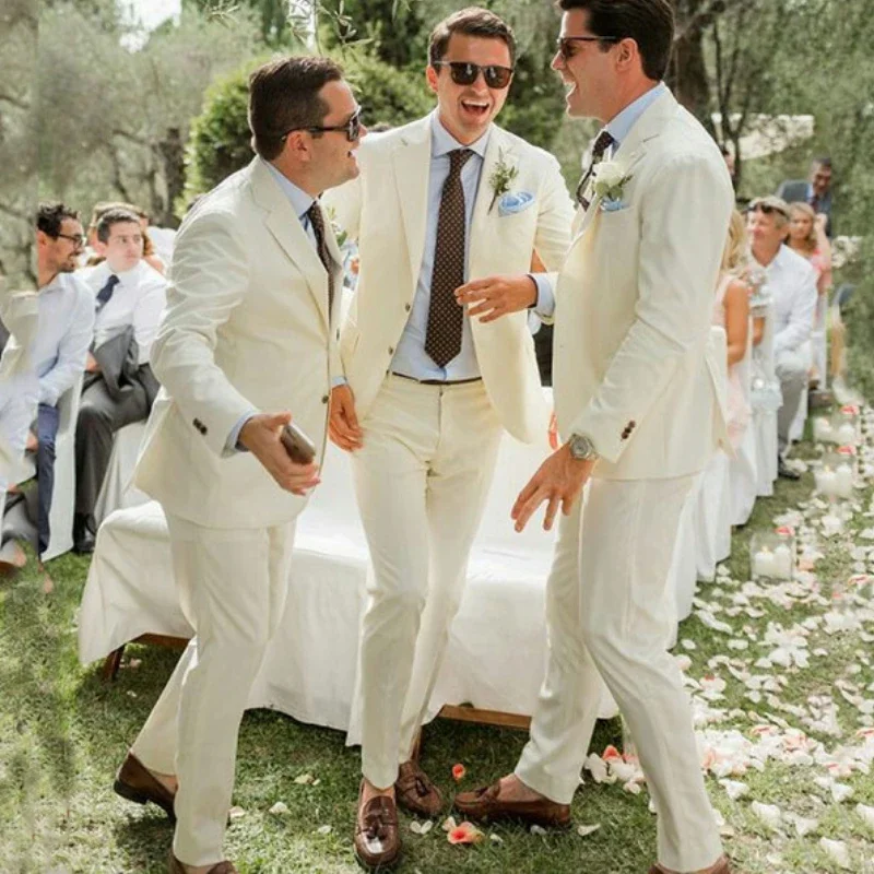 

Linen Men Wedding Suits Slim Fit Casual Groomsmen Tuxedos 2 Pcs Notched Lapel Male Fashion Blazer (Jacket + Pants) 2024