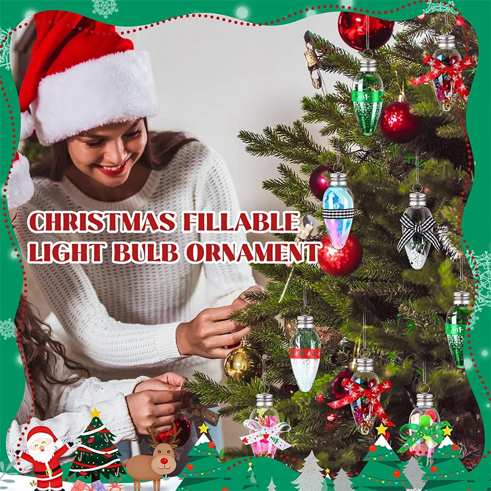 12Pcs Christmas Fillable Clear Bulbs Plastic Light Hanging Ornaments Light Bulb Ornaments Christmas Decorating DIY Crafts